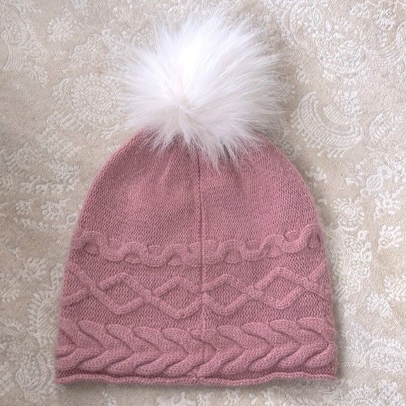 NWOT White Pine 100% Cashmere Mauve Pink Knit Beanie Hat w/ Faux Fur White Pom main image 6